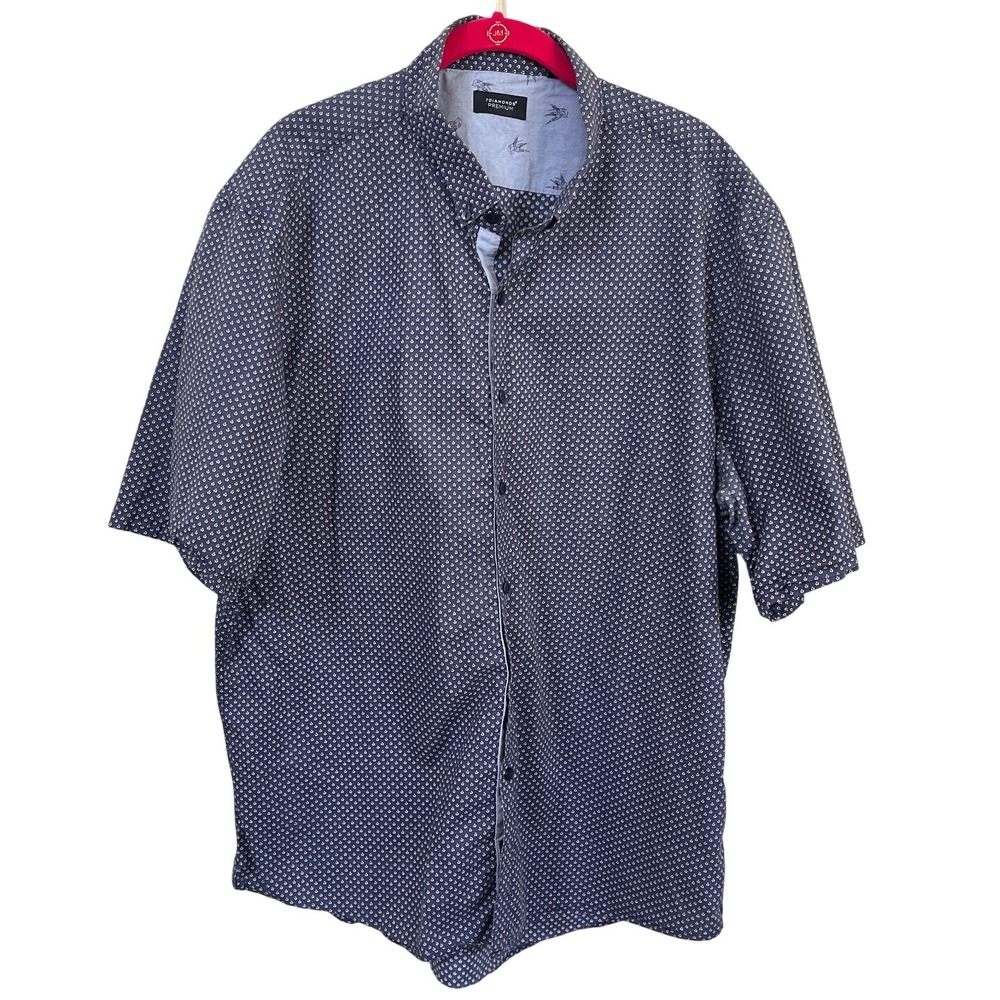 7 Diamonds Premium Mens Button Up Shirt Blue Micro Print 3XL Short Sleeve Preppy
